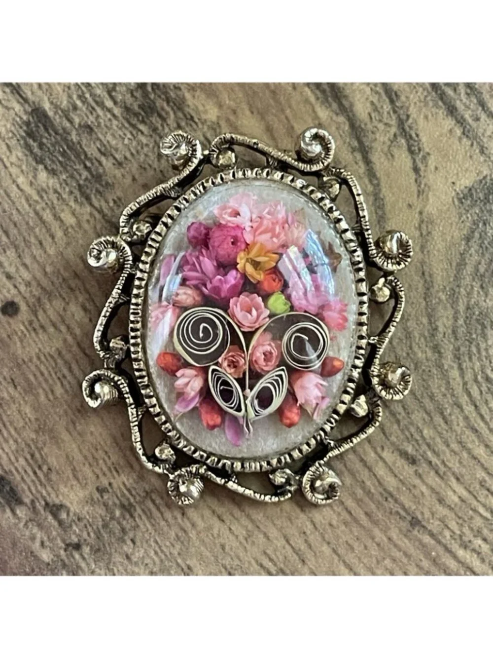 Vintage Floral Brooch Pendant Dried Paper Quilling Flowers Victorian Revival